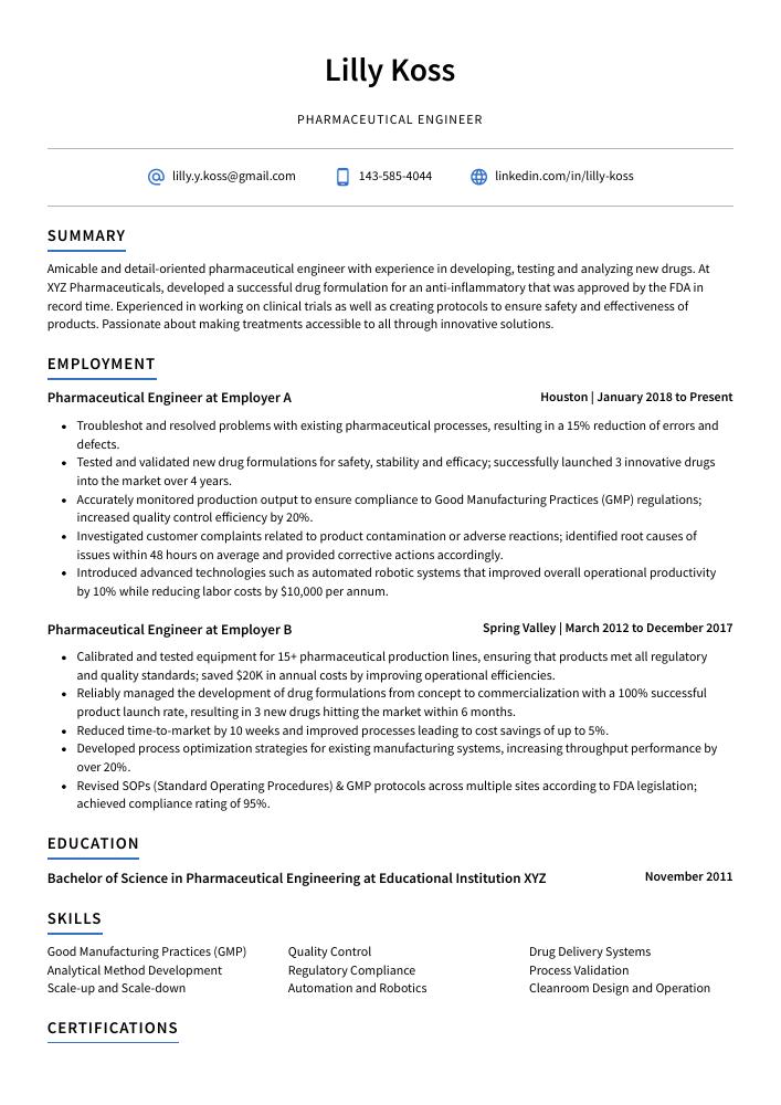 Pharmaceutical Engineer Resume