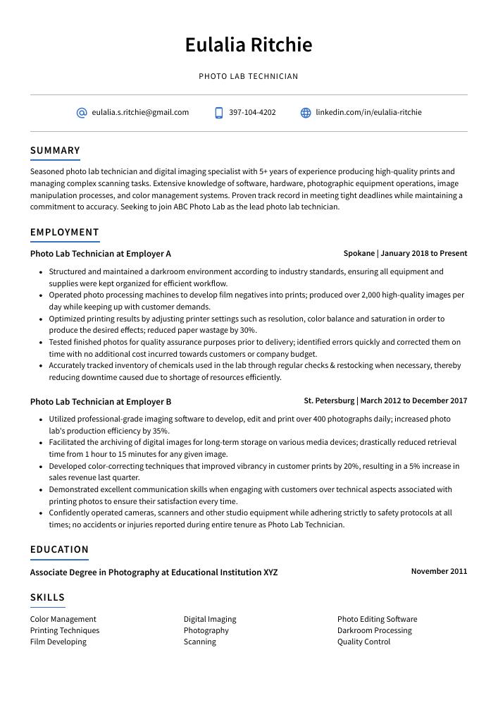 Photo Lab Technician Resume