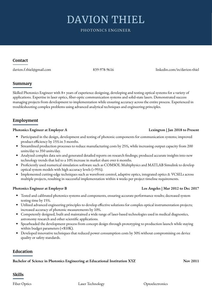 Photonics Engineer Resume