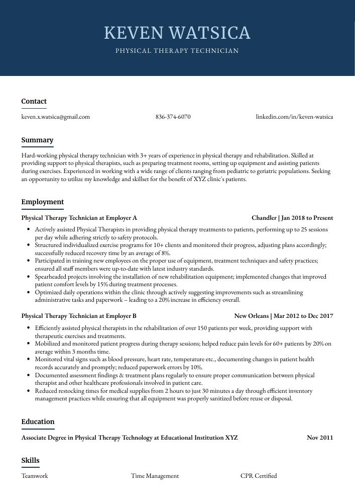 Physical Therapy Technician Resume