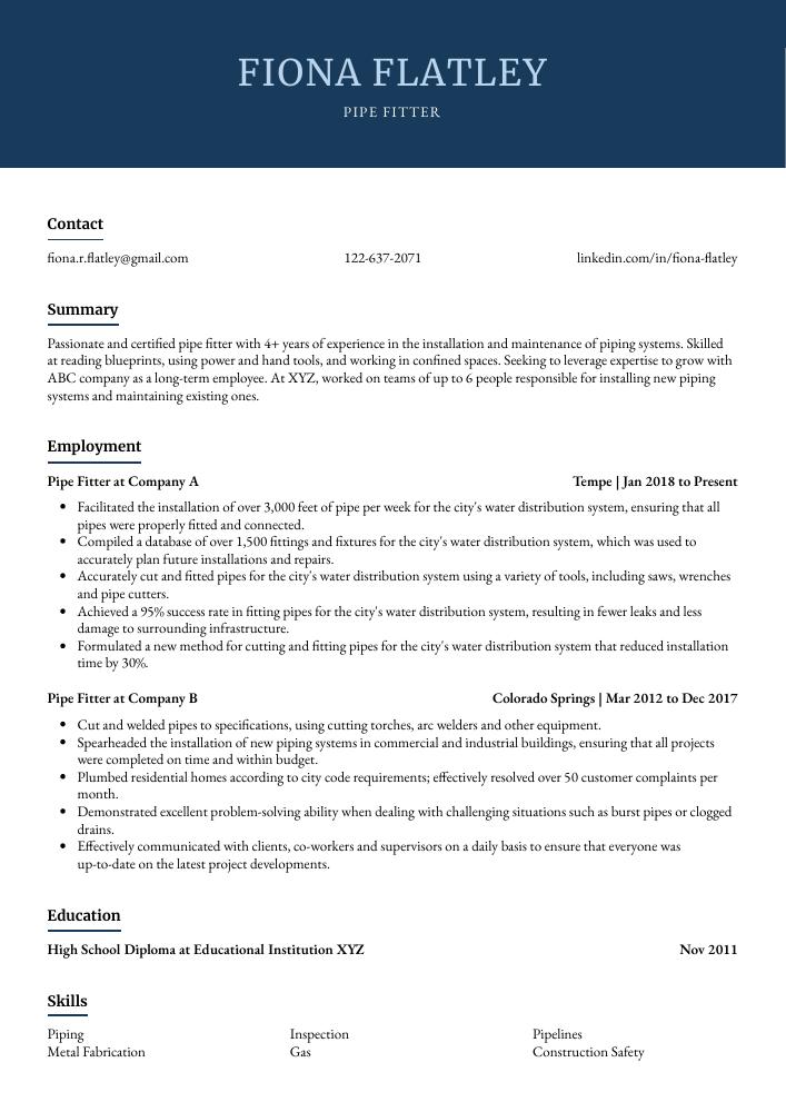 Pipe Fitter Resume