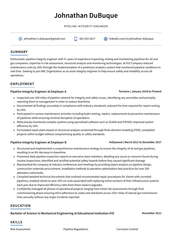 Pipeline Integrity Engineer Resume