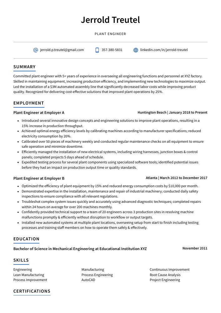 Plant Engineer Resume