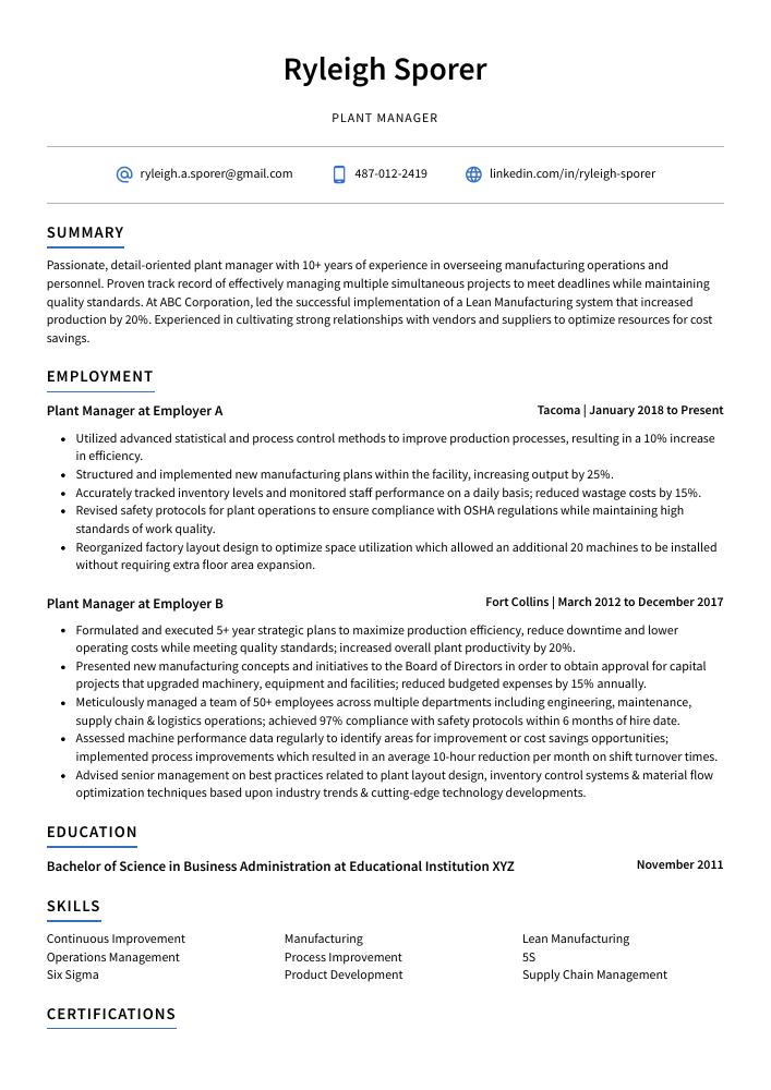 Plant Manager Resume