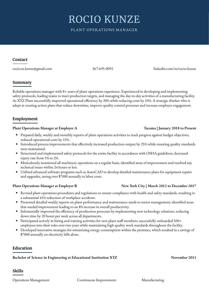 Plant Operations Manager Resume