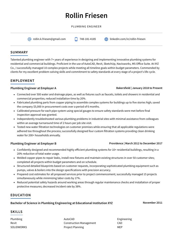 Plumbing Engineer Resume