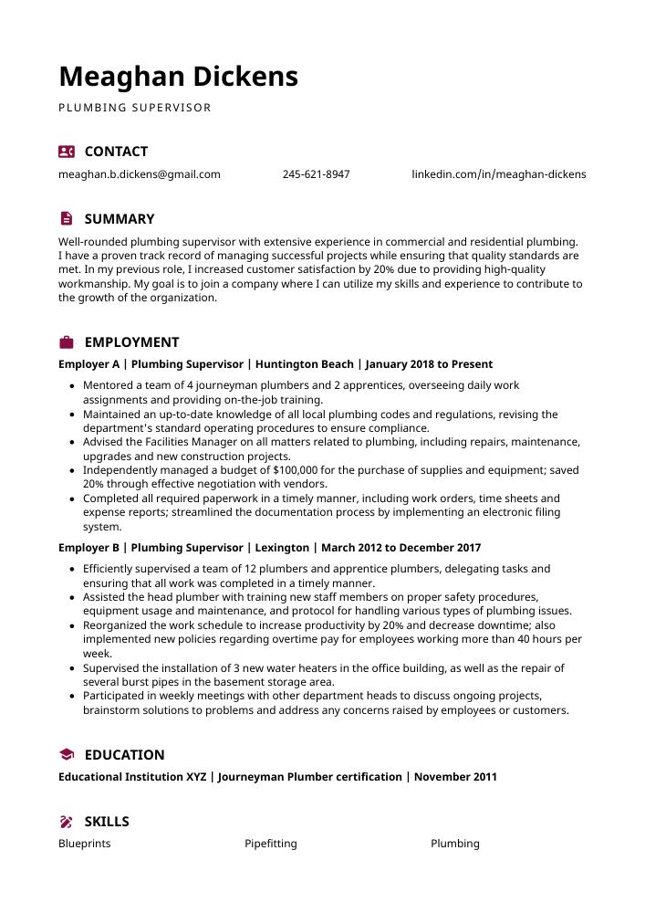 Plumbing Supervisor Resume