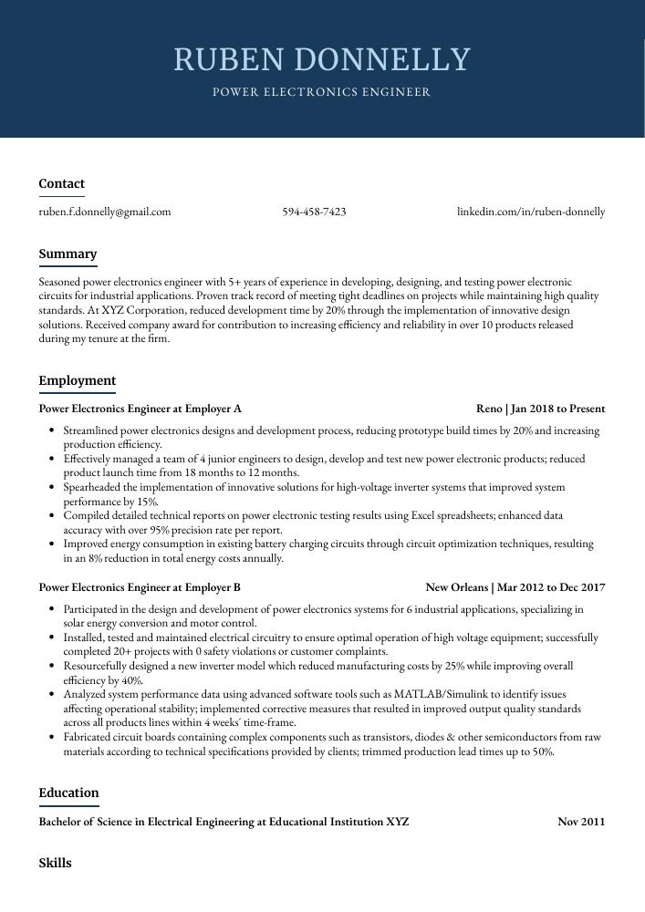 Power Electronics Engineer Resume