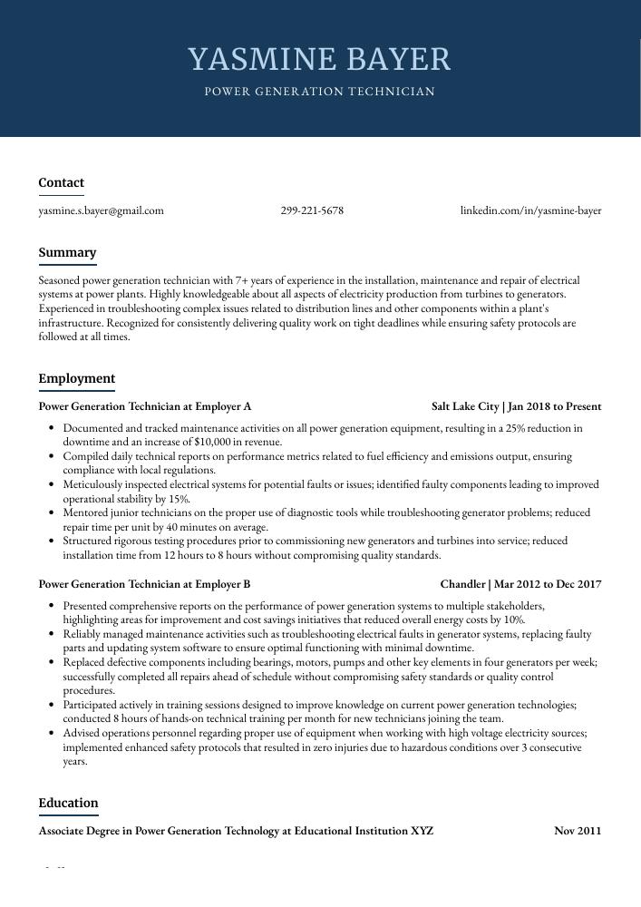 Power Generation Technician Resume