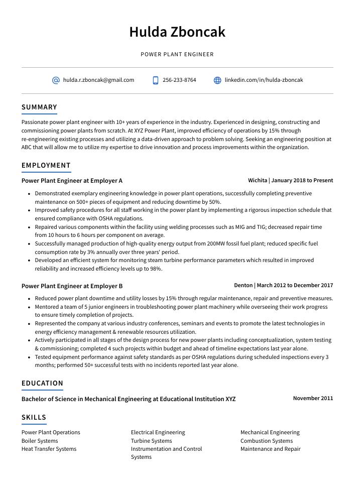 Power Plant Engineer Resume