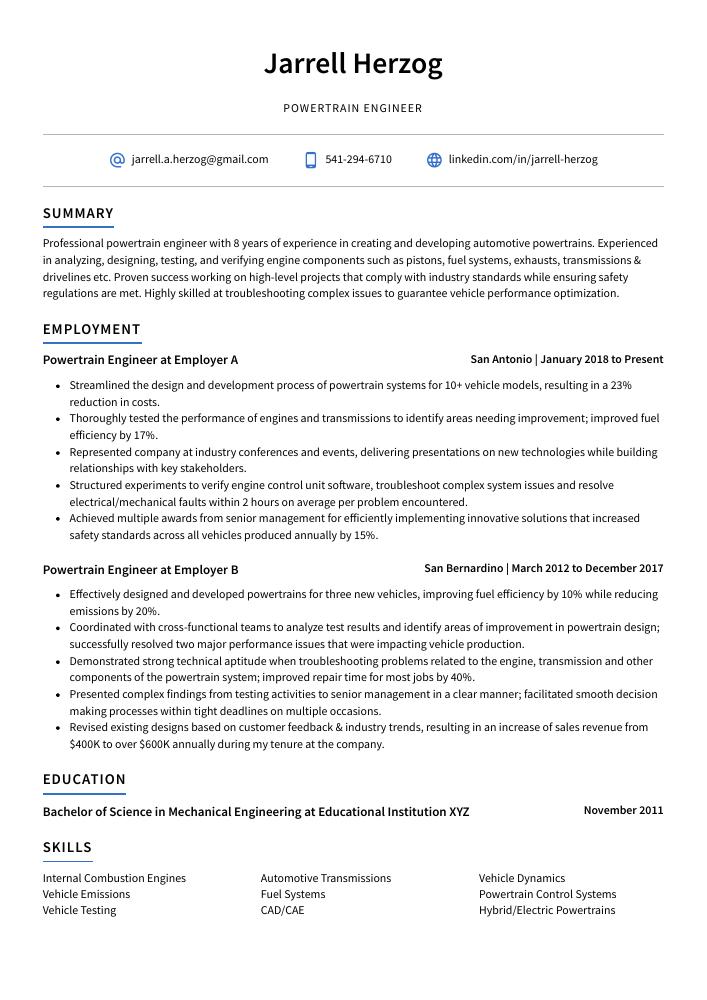 Powertrain Engineer Resume