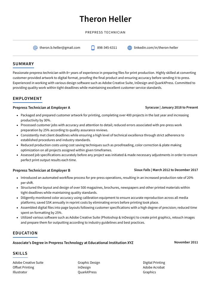 Prepress Technician Resume