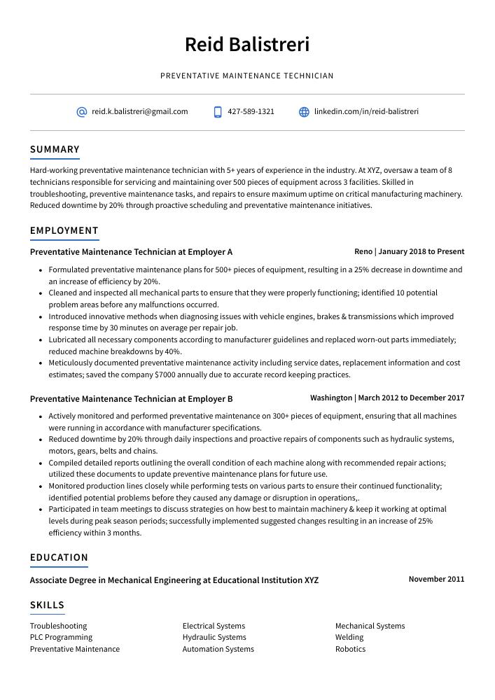 Preventative Maintenance Technician Resume