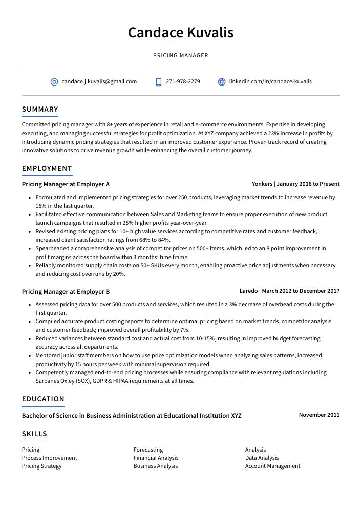 Pricing Manager Resume