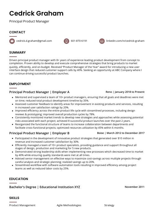 Principal Product Manager Resume Cv Example And Writing Guide 