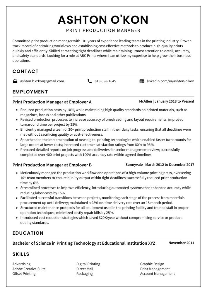 Print Production Manager Resume