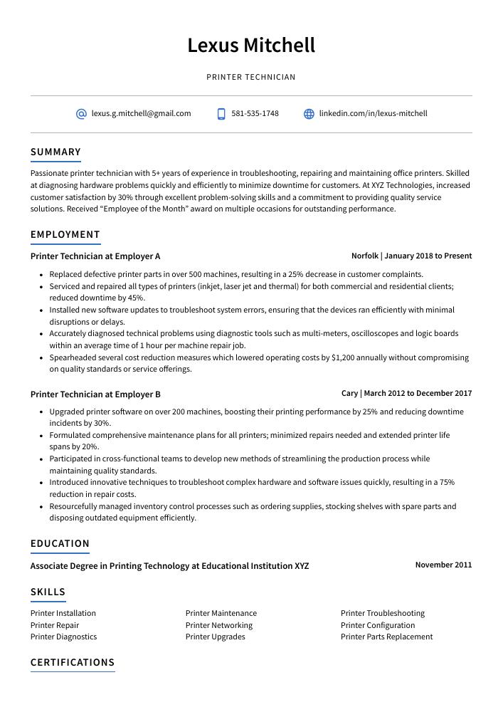 Printer Technician Resume