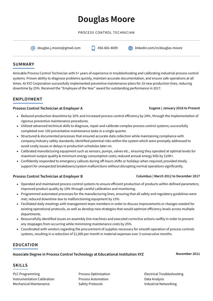 Process Control Technician Resume