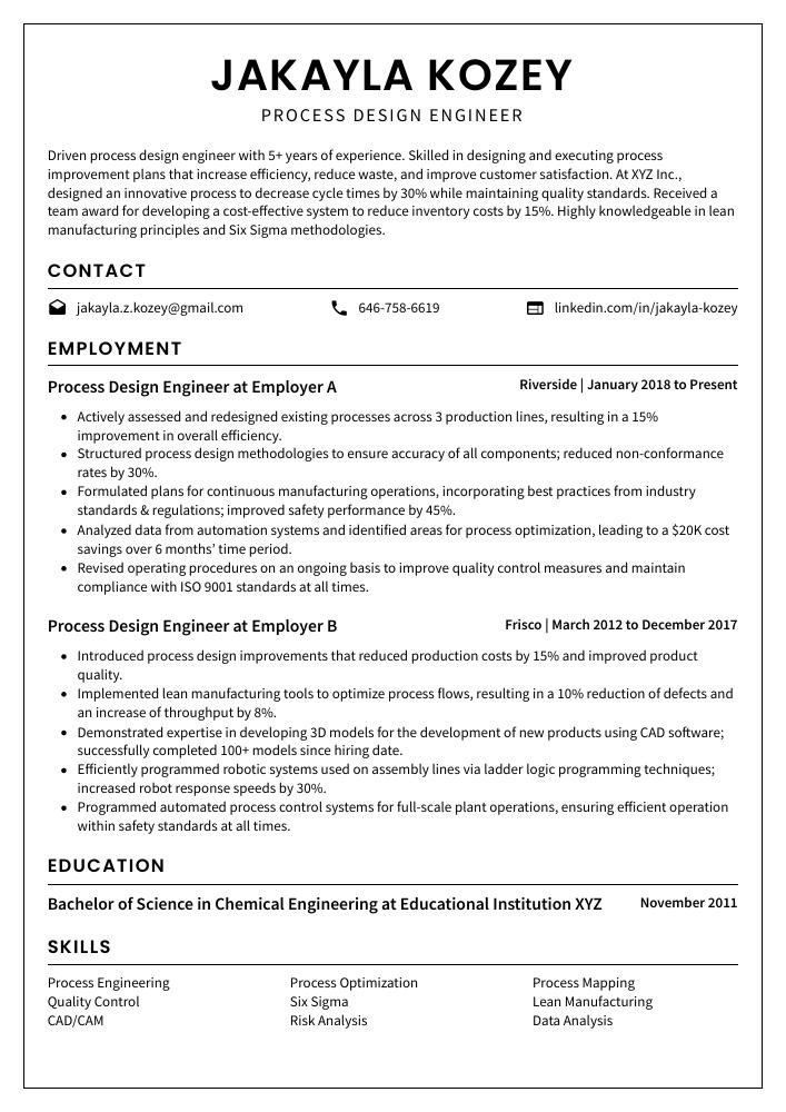 Process Design Engineer Resume