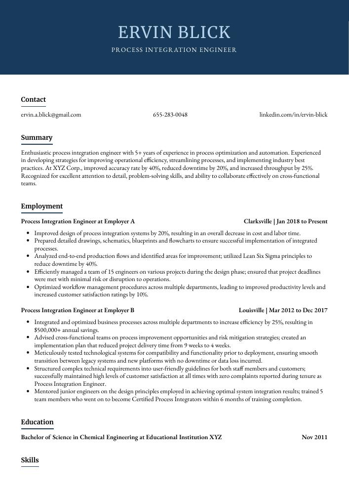 Process Integration Engineer Resume