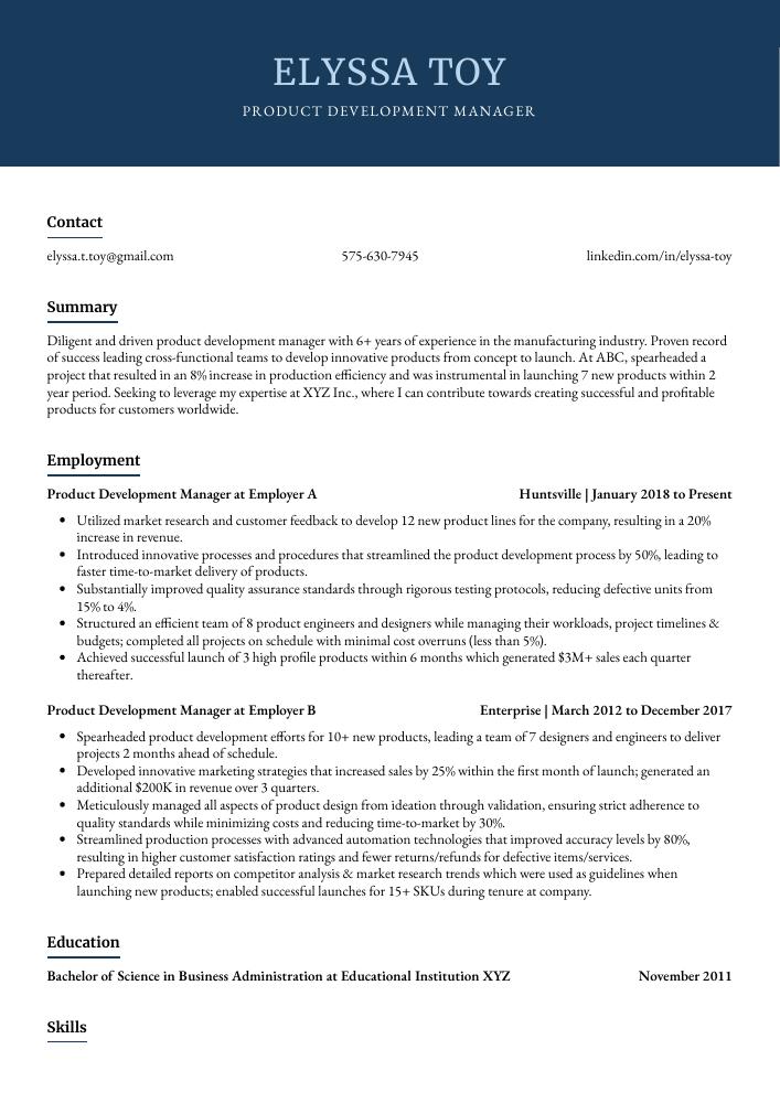 Product Development Manager Resume