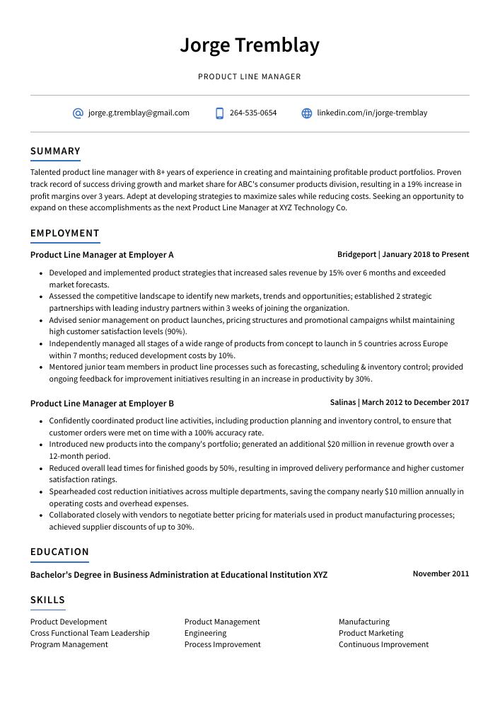 Product Line Manager Resume