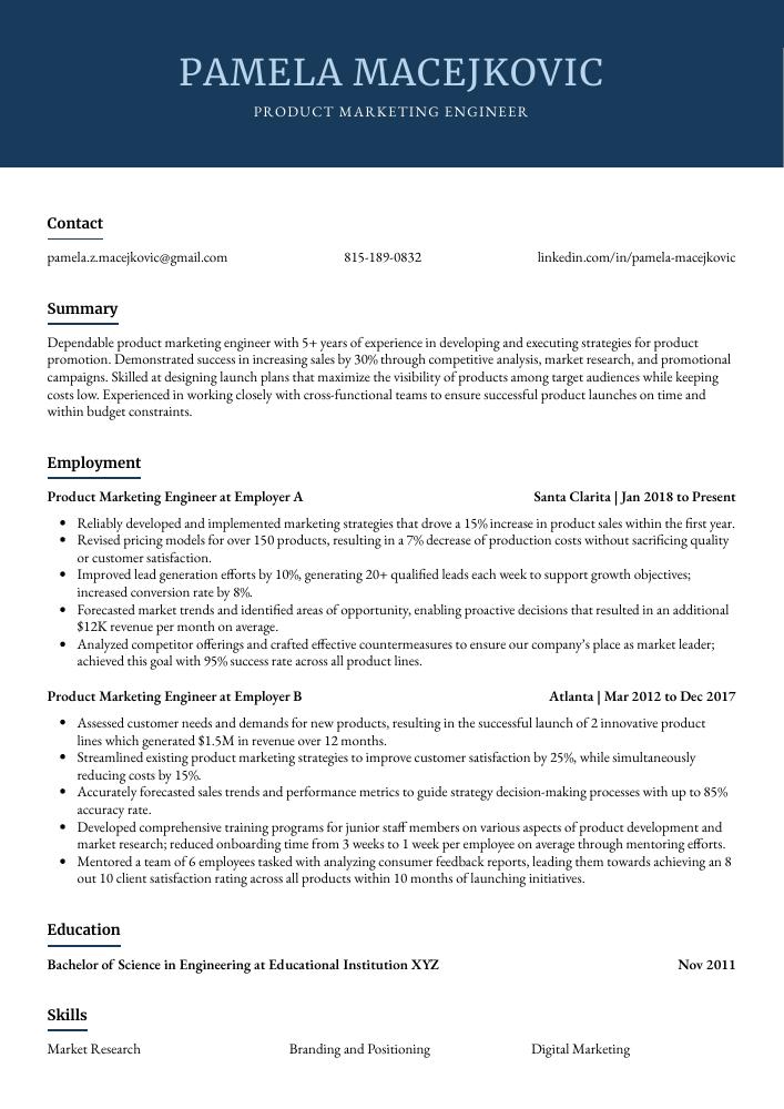 Product Marketing Engineer Resume