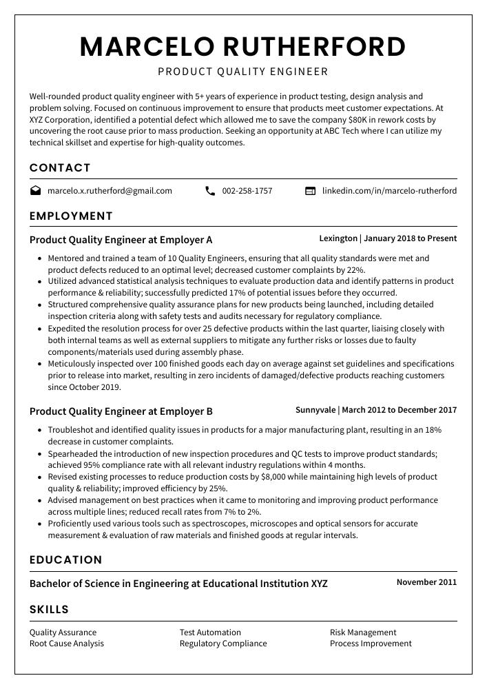 Product Quality Engineer Resume