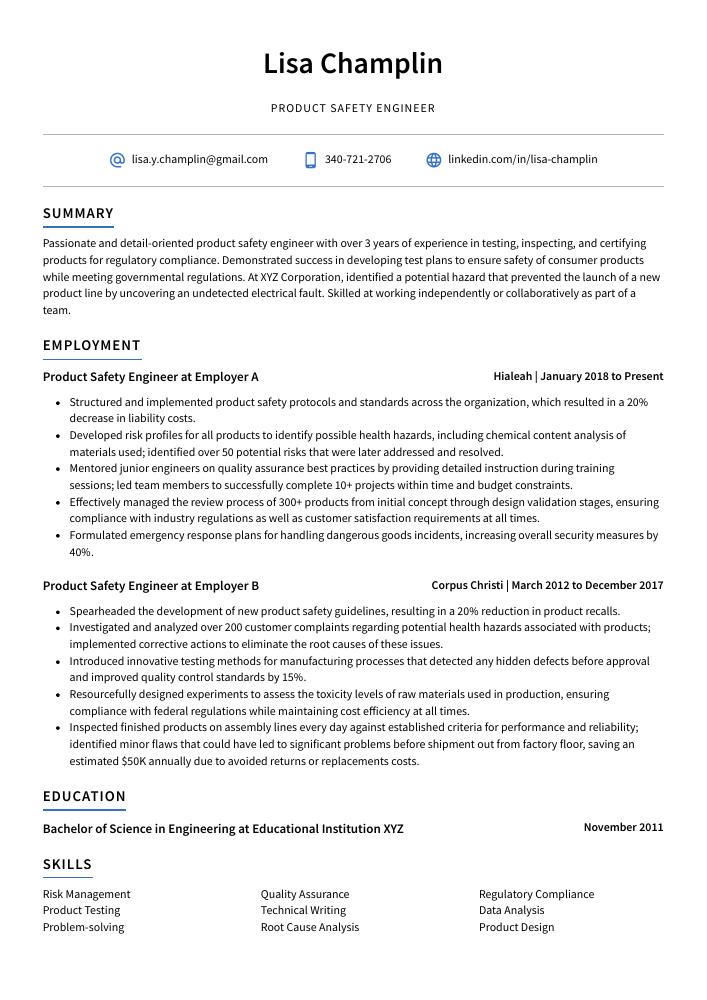 Product Safety Engineer Resume