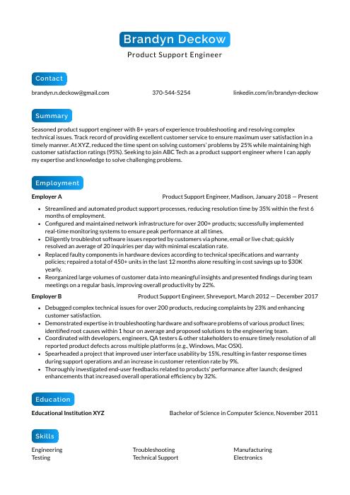 product support technician resume