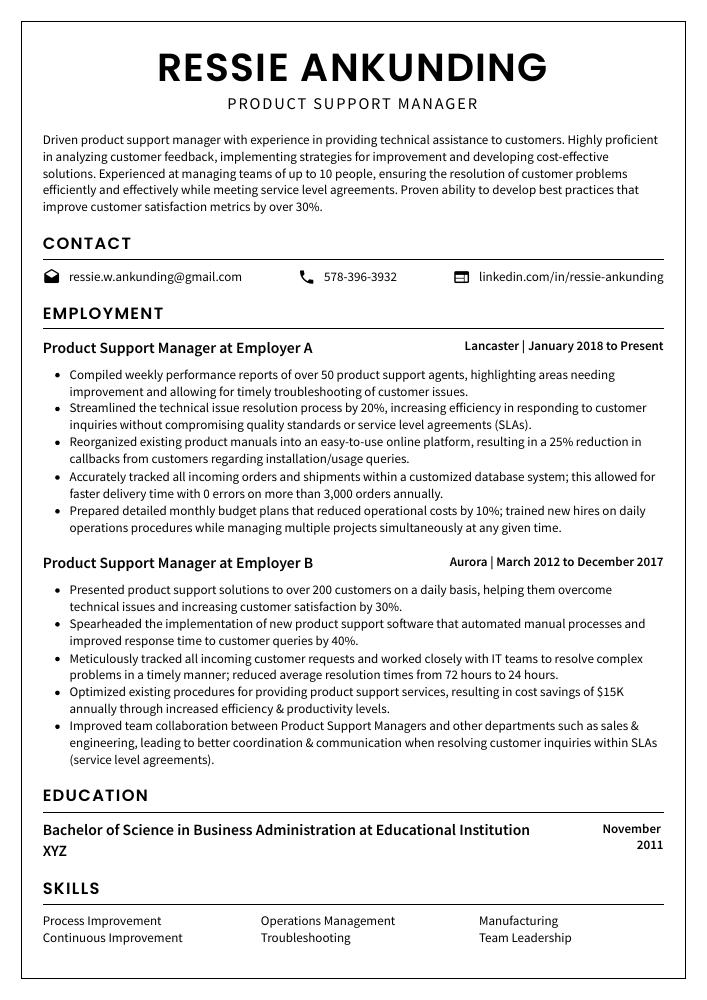 Product Support Manager Resume