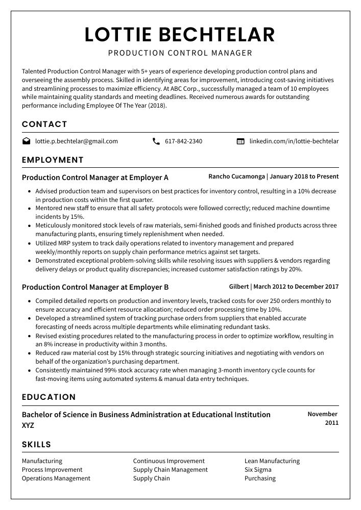 Production Control Manager Resume