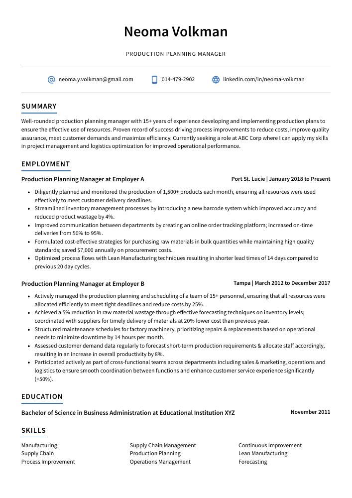 Production Planning Manager Resume