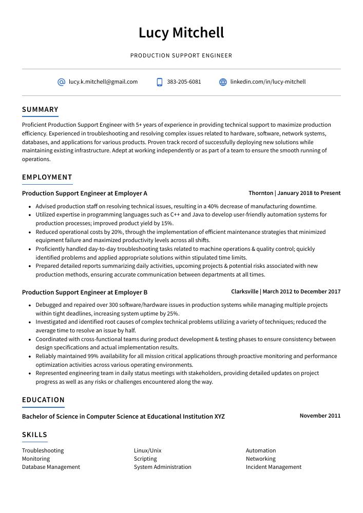 application production support resume