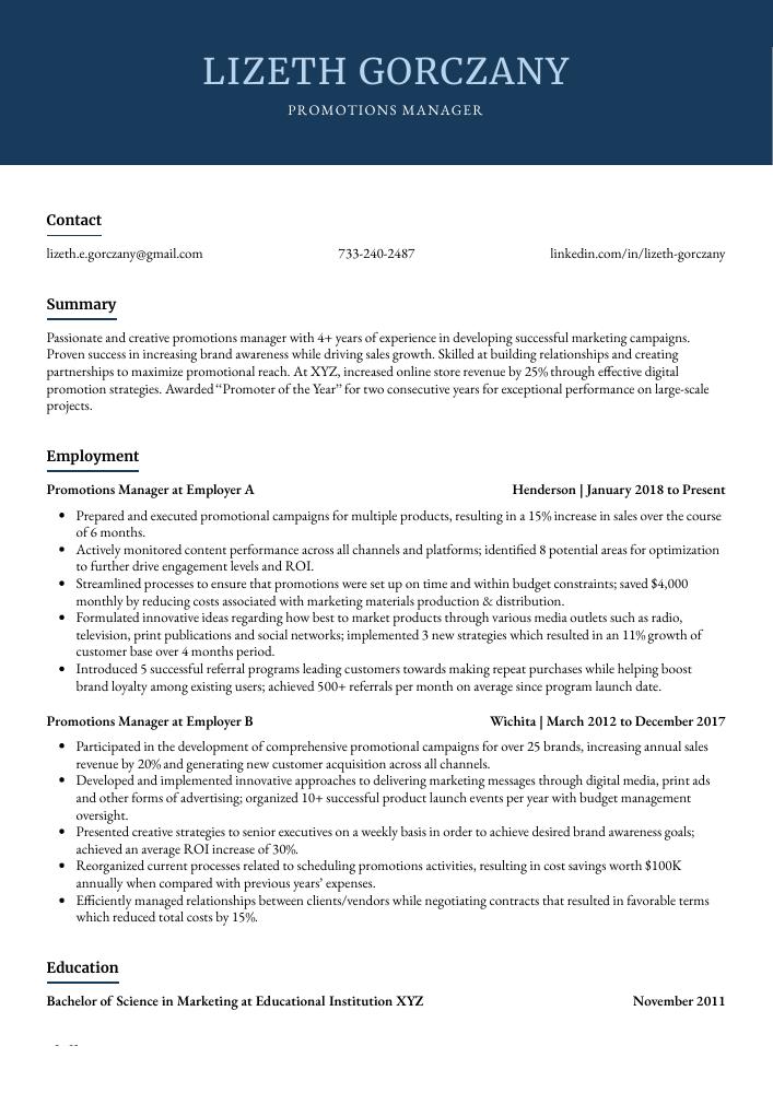 Promotions Manager Resume