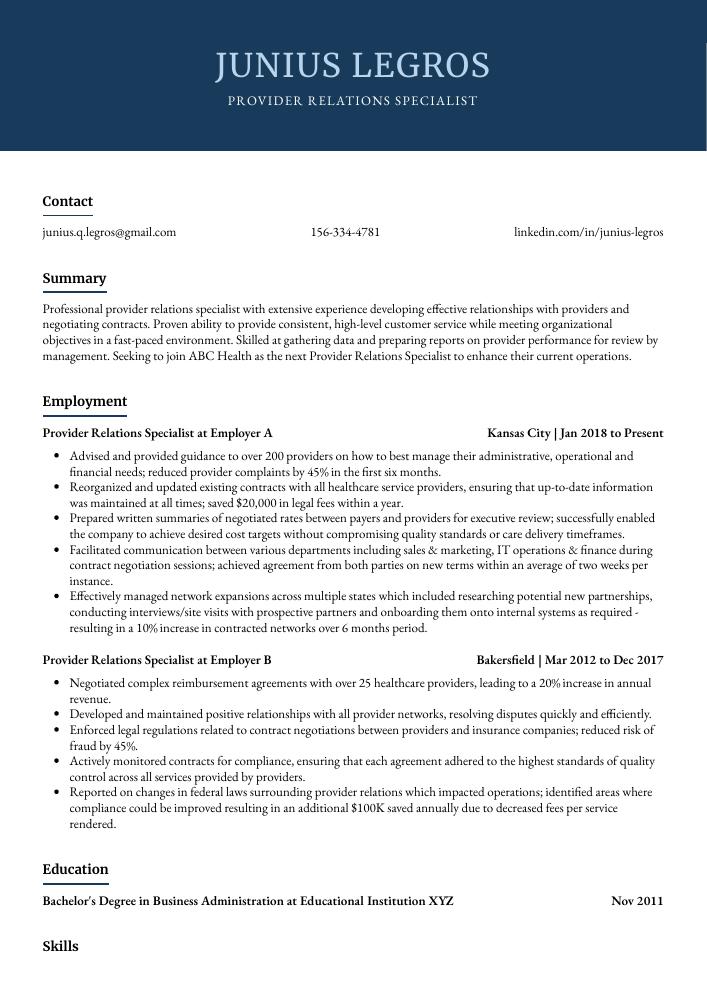 Provider Relations Specialist Resume