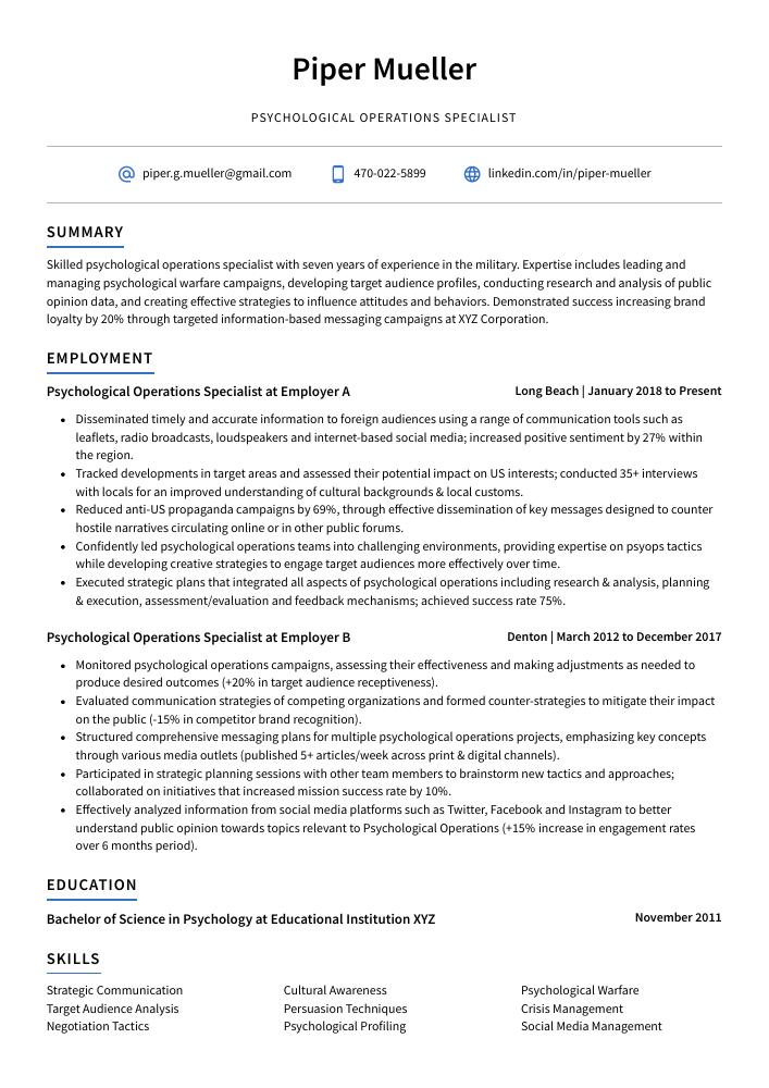 Psychological Operations Specialist Resume