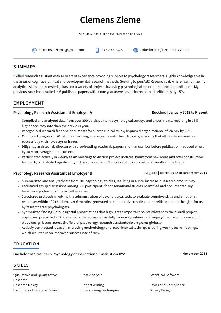 Psychology Research Assistant Resume