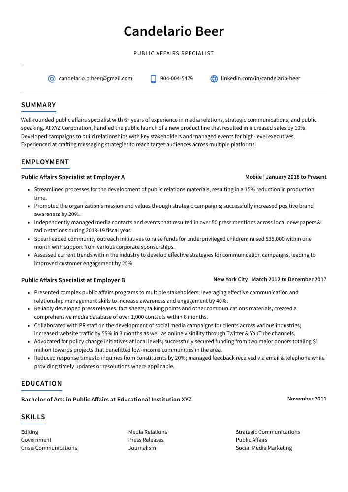 Public Affairs Specialist Resume