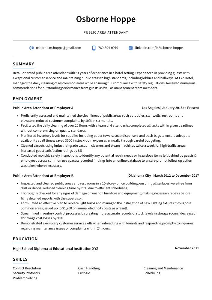 Public Area Attendant Resume