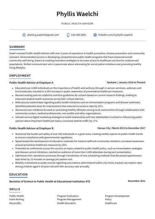 Public Health Advisor Resume (CV) Example and Writing Guide