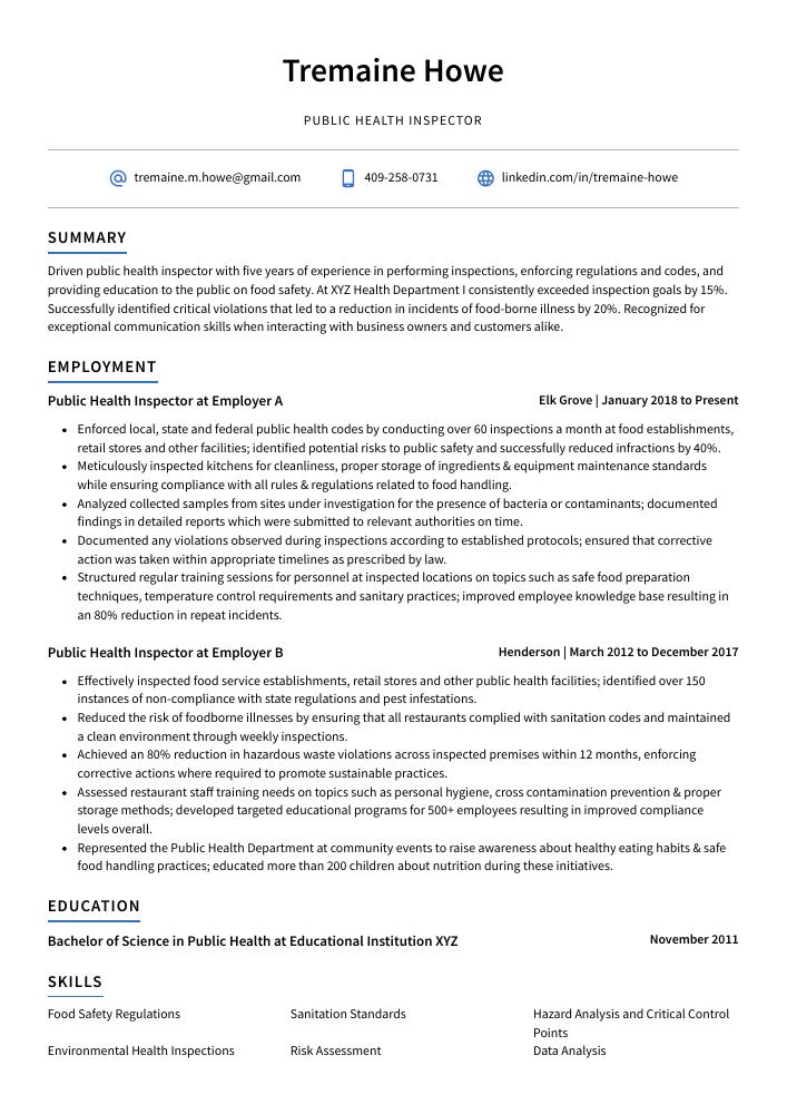 Public Health Inspector Resume