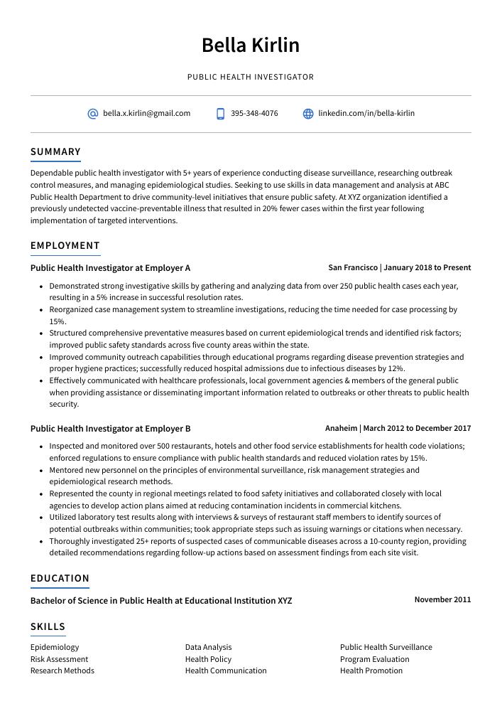 Public Health Investigator Resume