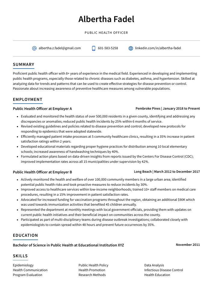 Public Health Officer Resume (CV) Example and Writing Guide