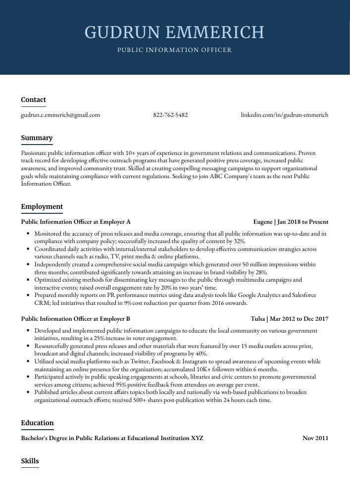 Public Information Officer Resume