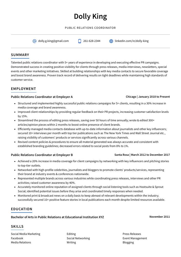 Public Relations Coordinator Resume