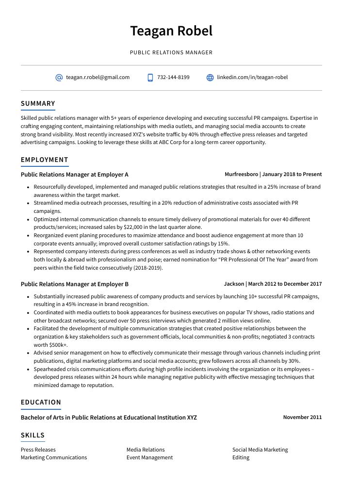 Public Relations Manager Resume