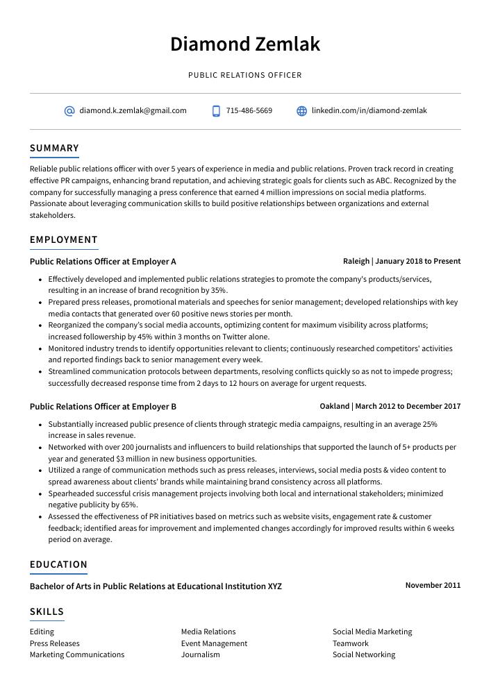 Public Relations Officer Resume