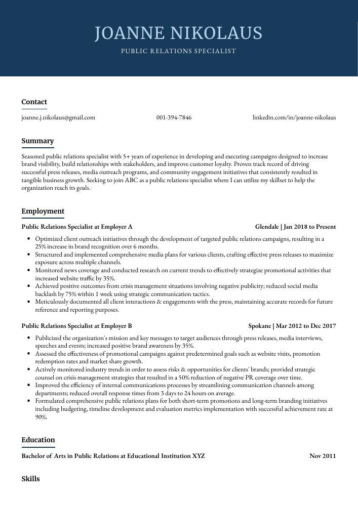 Public Relations Specialist Resume