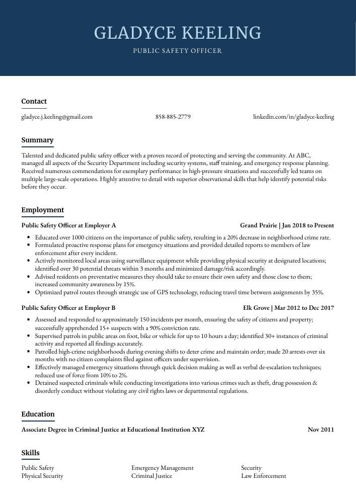 Public Safety Officer Resume